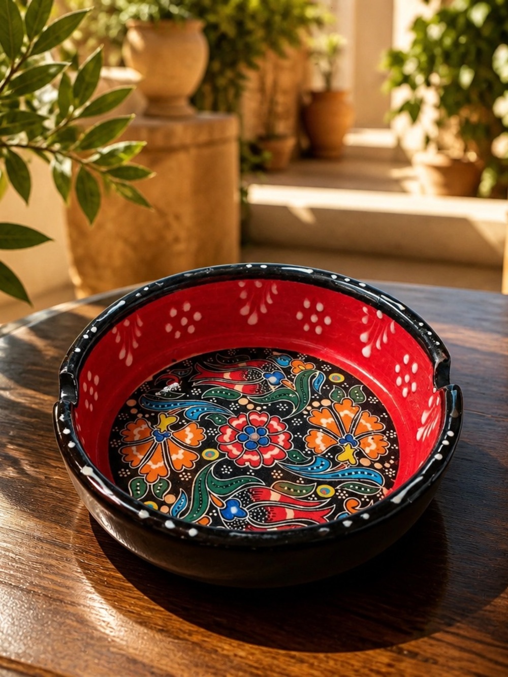 NWOT Hand Painted Turkish Ceramic Ashtray Red Floral Pattern